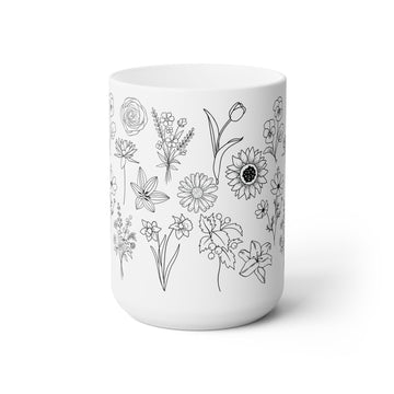 Pressed Flowers Mug Floral Line Art Mug Wildflower Coffee Mug Black and White Flower Cup 15 oz